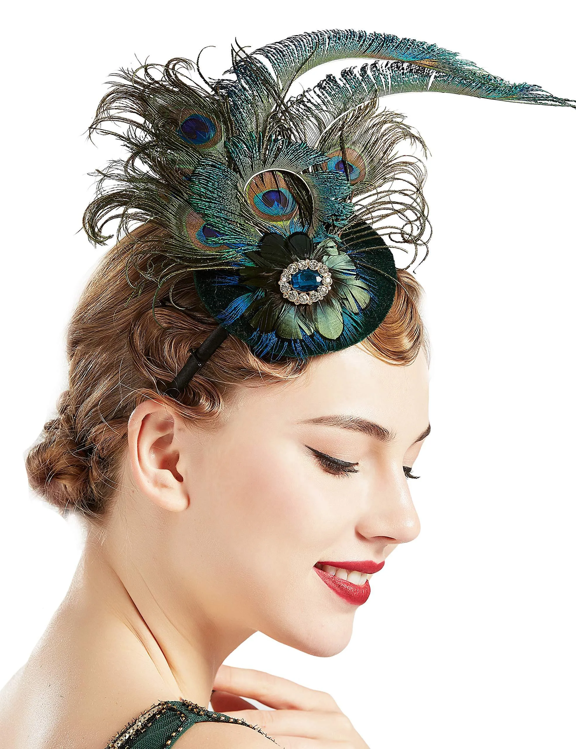 BABEYOND 1920s Flapper Fascinator Feather Pillbox Hat Fascinator for Tea Party Peacock-1
