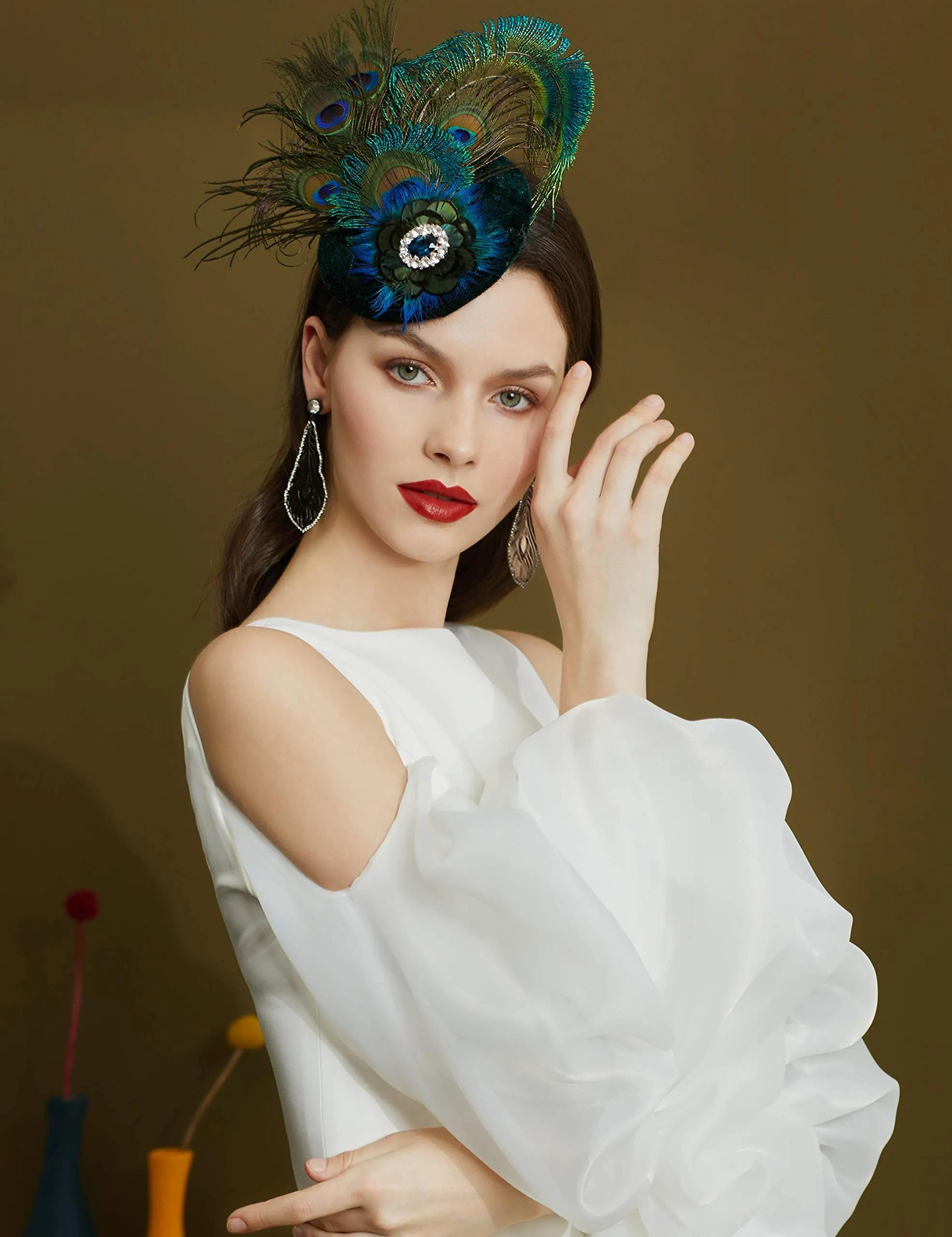 BABEYOND 1920s Flapper Fascinator Feather Pillbox Hat Fascinator for Tea Party Peacock-1