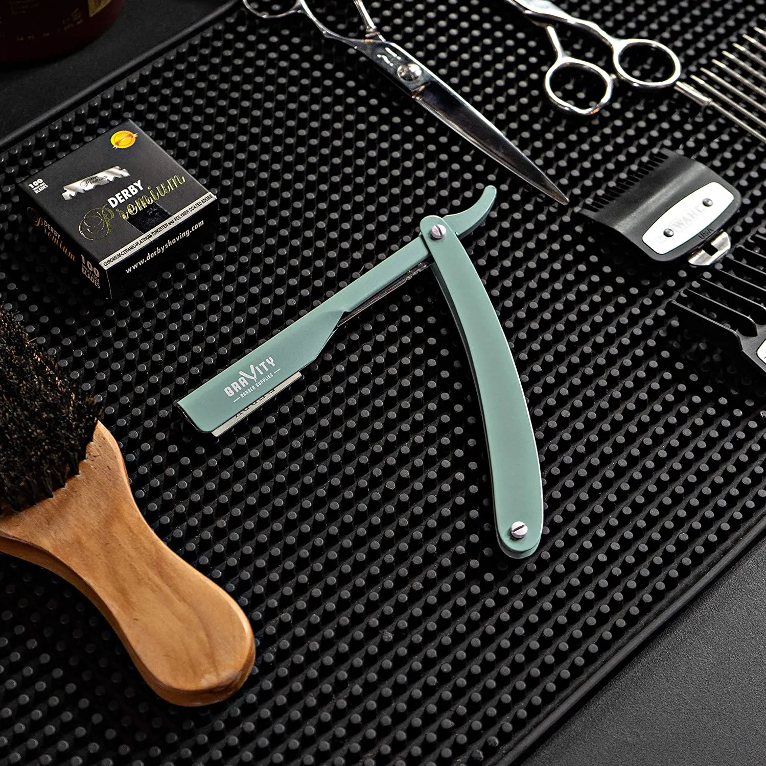 Barber Straight Razor - Stainless Steel Straight Edge Razor with 10 Derby Premium Blades (Mint)