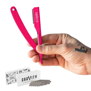 Barber Straight Razor - Stainless Steel Straight Edge Razor with 10 Derby Premium Blades (Pink)