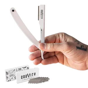 Barber Straight Razor - Stainless Steel Straight Edge Razor with 10 Derby Premium Blades (White)