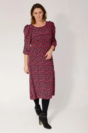 Black Pink Floral Midi Dress