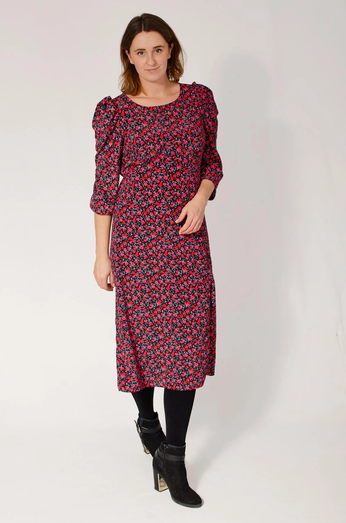 Black Pink Floral Midi Dress