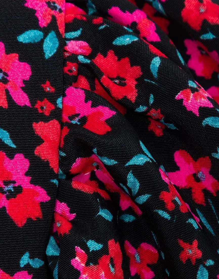 Black Pink Floral Midi Dress