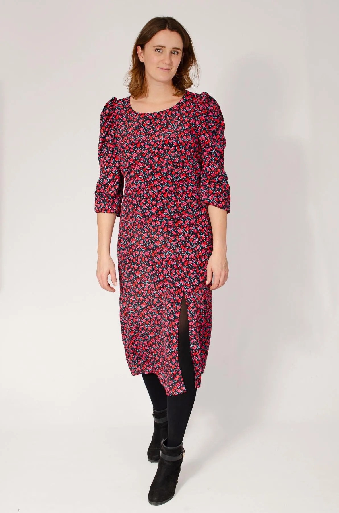 Black Pink Floral Midi Dress