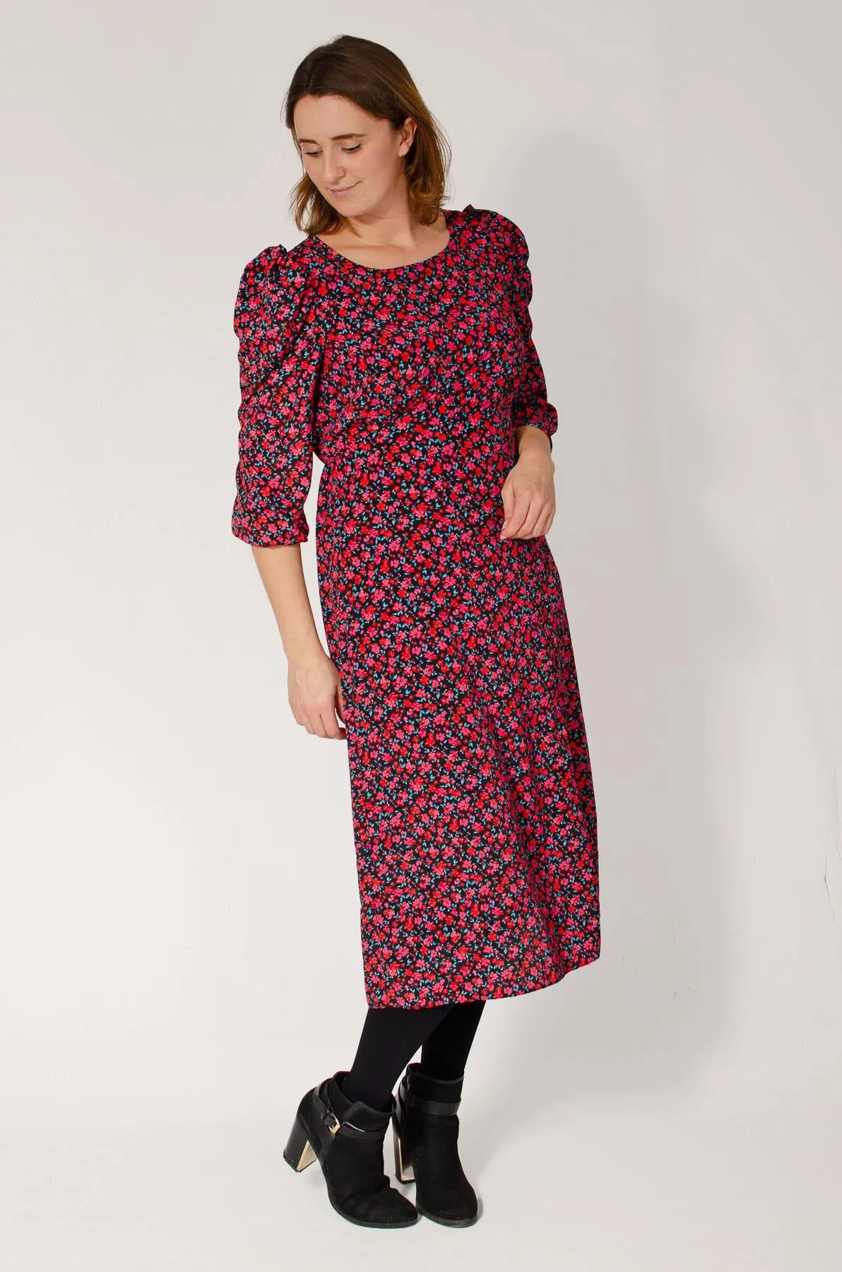 Black Pink Floral Midi Dress