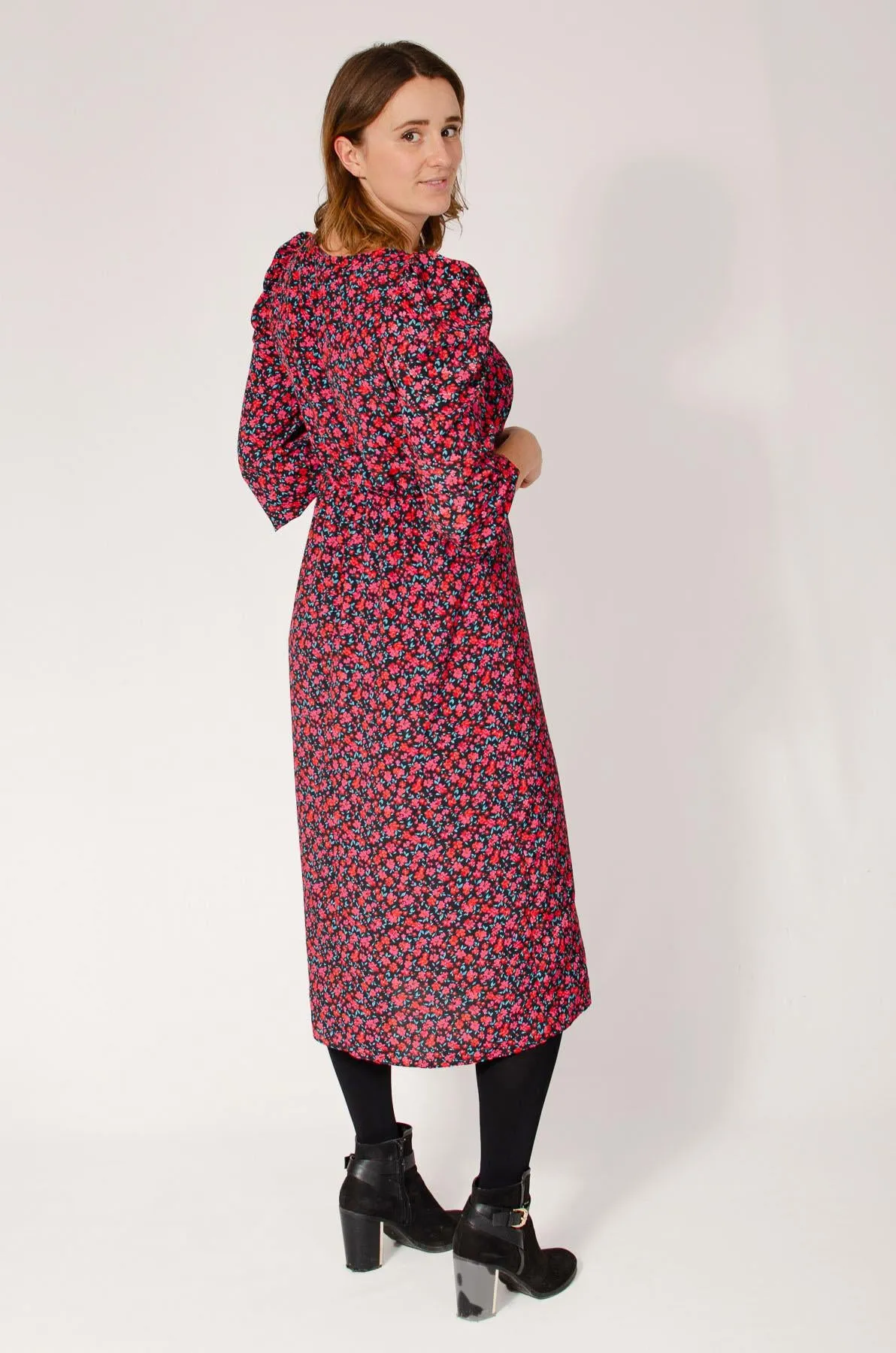 Black Pink Floral Midi Dress