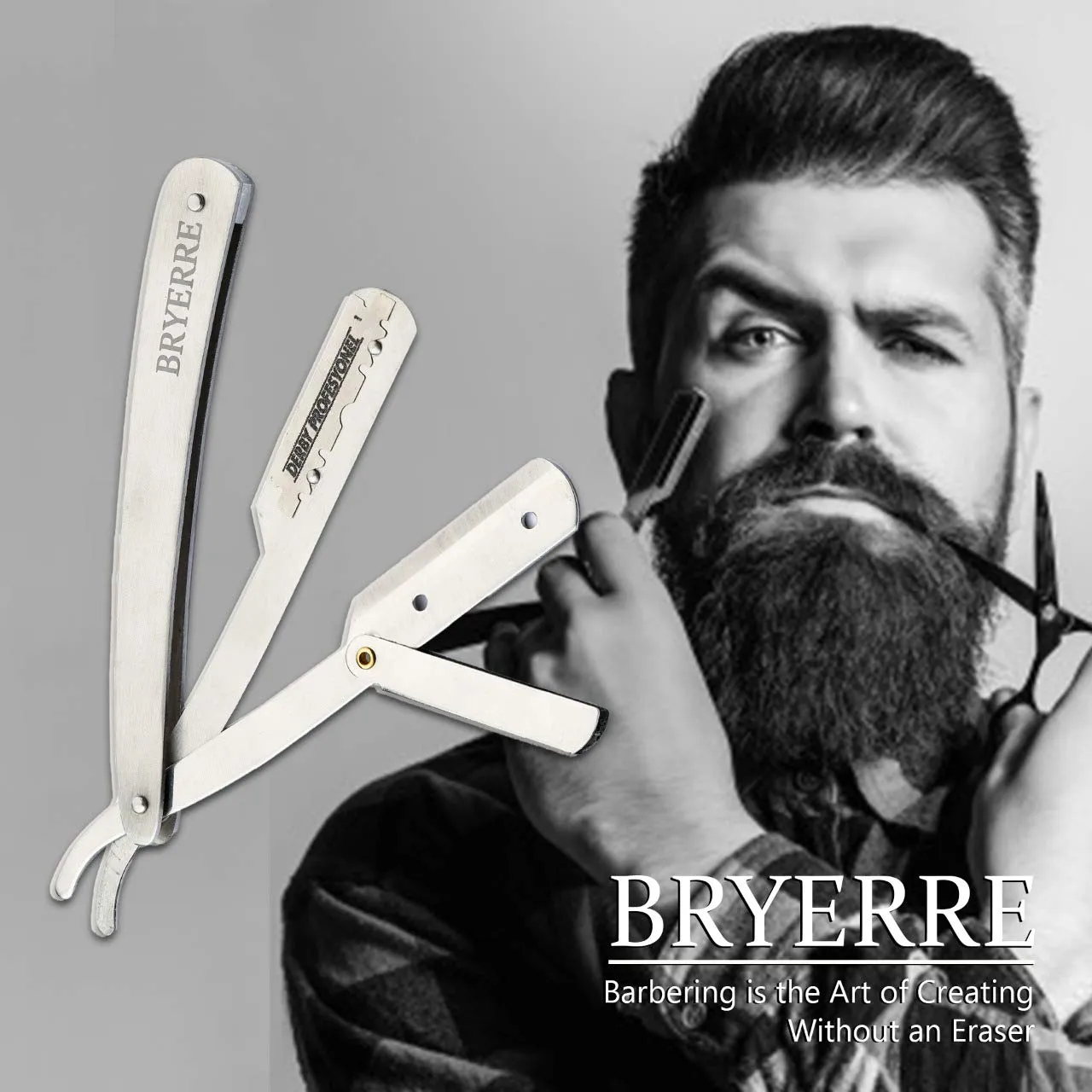 BRYERRE Professional Barber Straight Razor Safety Edge with 100-Pack Derby Blades 100 Percent Stainless Steel for Smooth Shave (Silver)