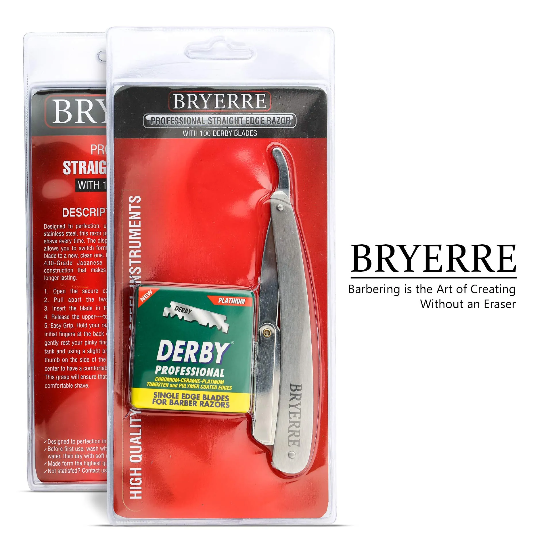 BRYERRE Professional Barber Straight Razor Safety Edge with 100-Pack Derby Blades 100 Percent Stainless Steel for Smooth Shave (Silver)