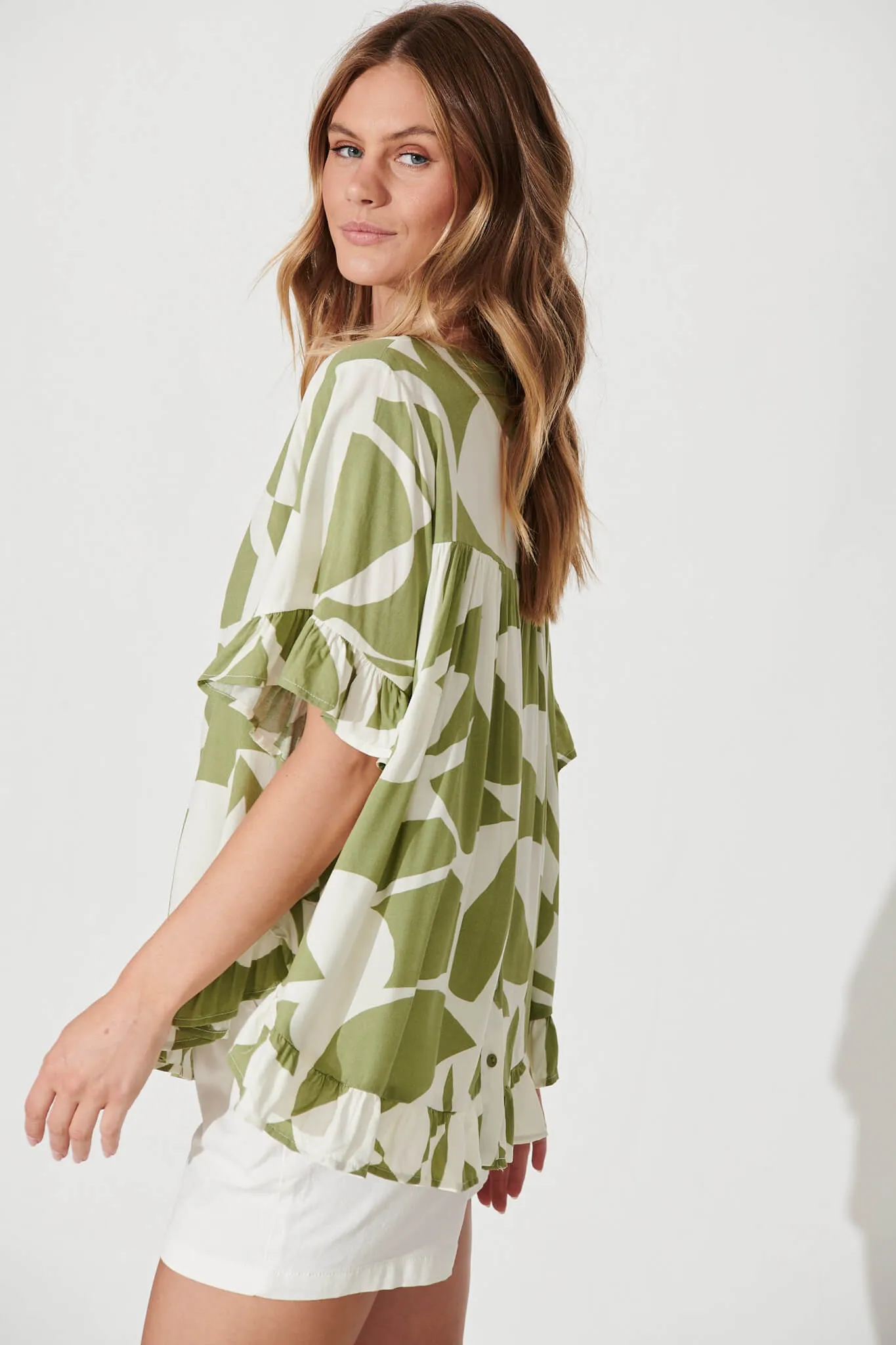 Catharina Top In Olive And Cream Geometric Print