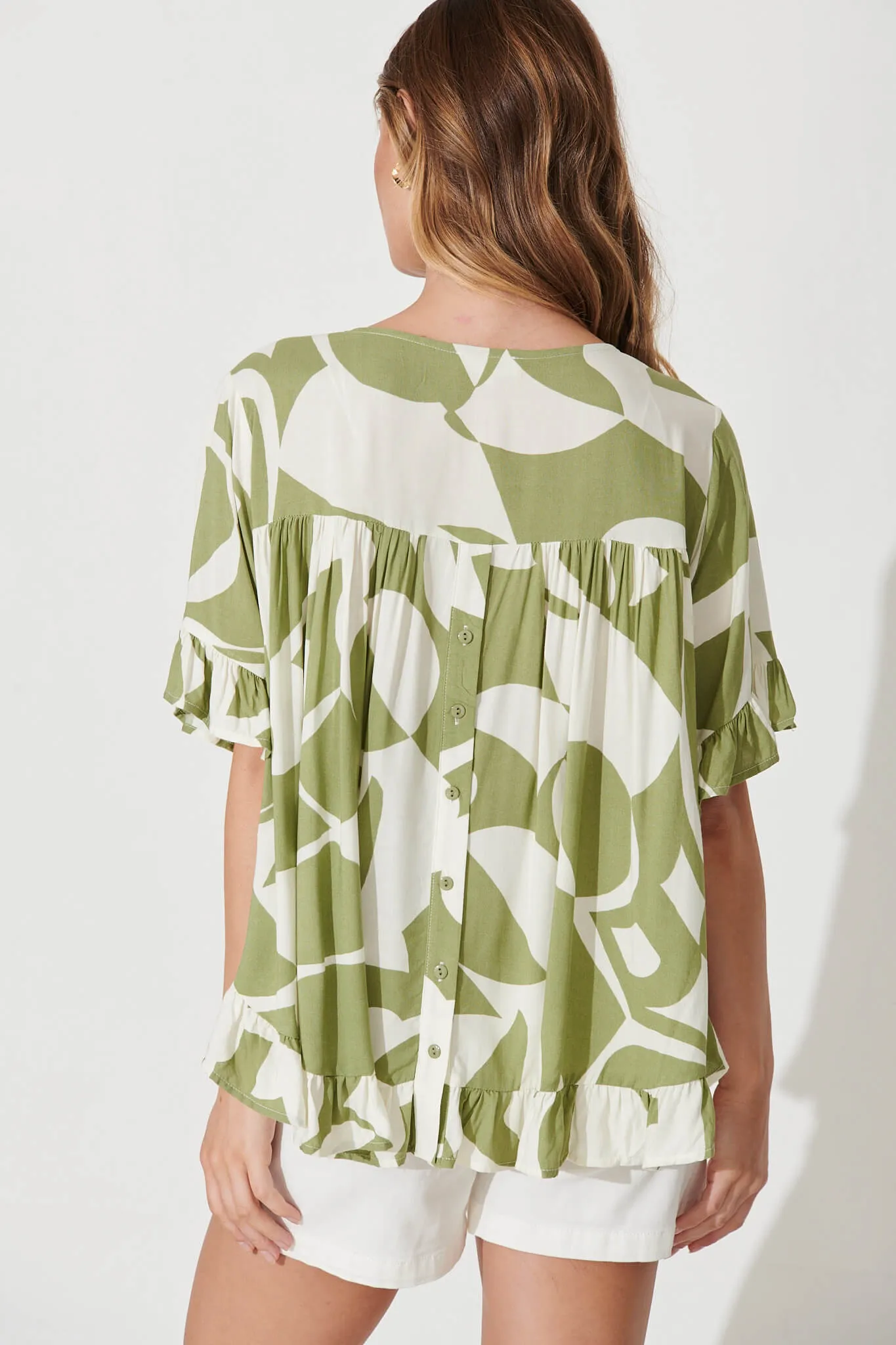 Catharina Top In Olive And Cream Geometric Print