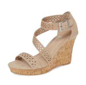 Charles David Landon Nude Tapered Cork Platform Ankle Wedge High Heel Sandals