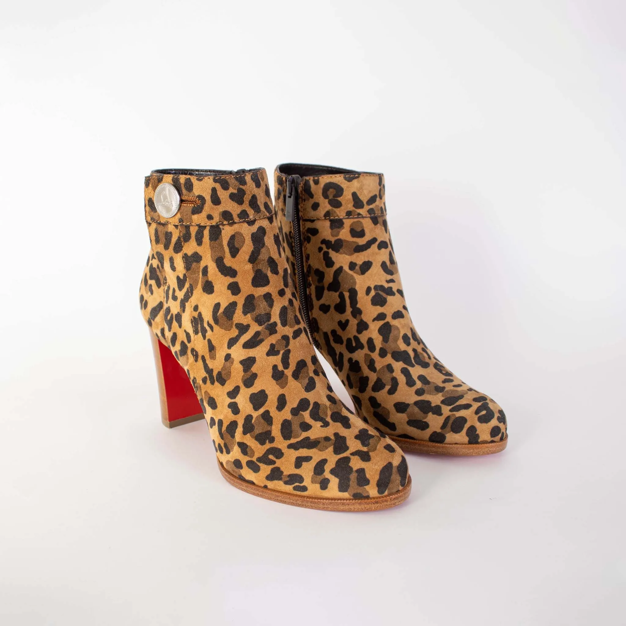 Christian Louboutin Elegant Suede Leopard Ankle Boots with Heel