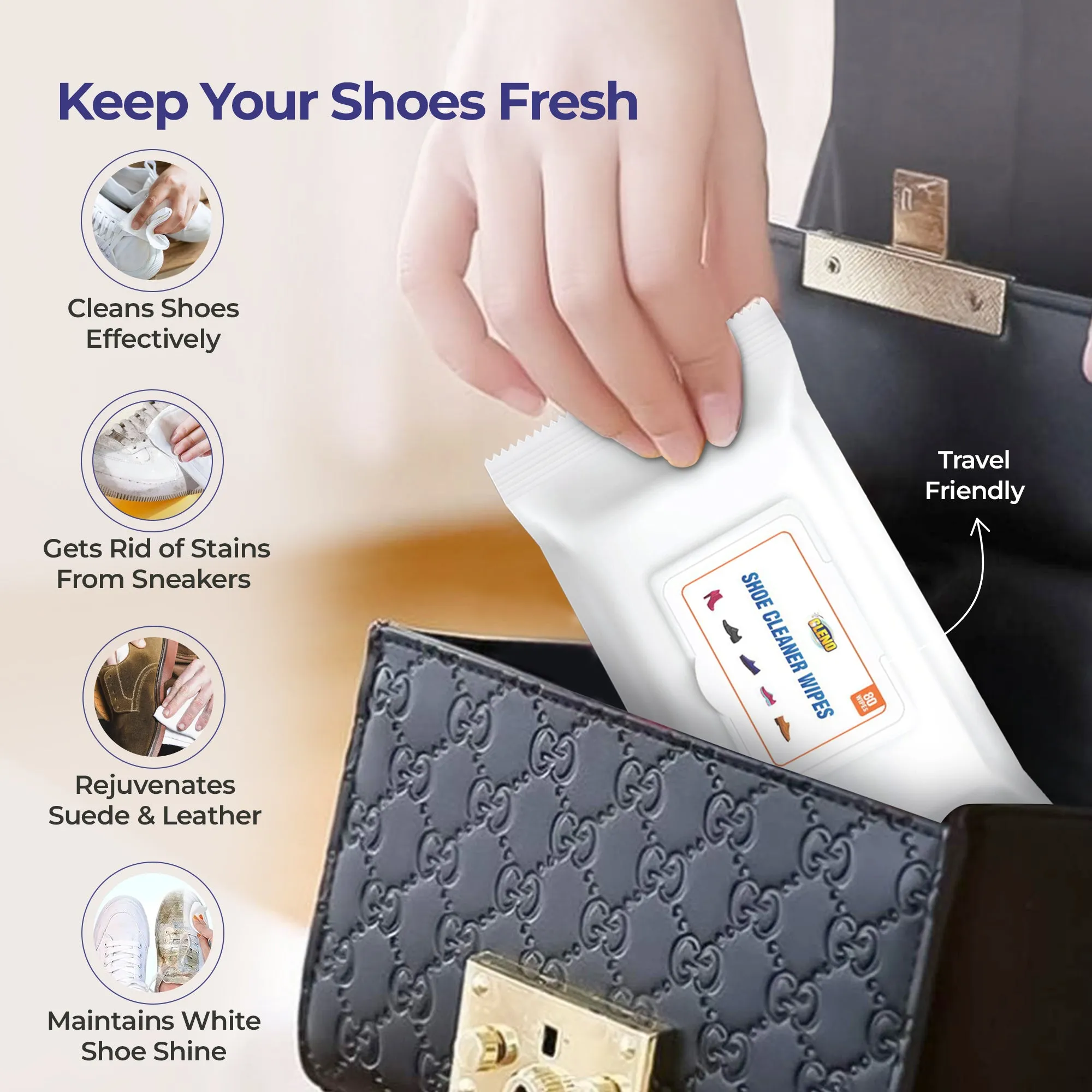 Cleno Shoe Cleaner Wet Wipes (pack of 80) Shoe wipes for all shoes (80 count (Pack of 3), 240)