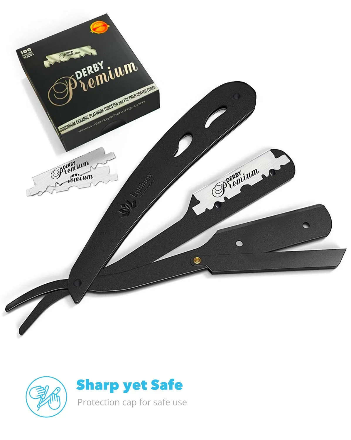Equinox Professional Straight Edge Razor with 100 Single Derby Straight Razor Blades-Barber Straight Razor-Close Shaving Men's Manual Shaver-Disposable Straight Razor Blades-Staright Razor Kit-Black