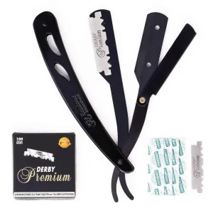 Equinox Professional Straight Edge Razor with 100 Single Derby Straight Razor Blades-Barber Straight Razor-Close Shaving Men's Manual Shaver-Disposable Straight Razor Blades-Staright Razor Kit-Black