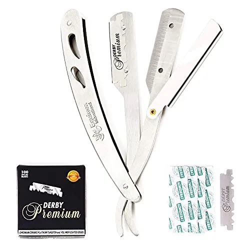 Equinox Professional Straight Edge Razor with 100 Single Derby Straight Razor Blades-Barber Straight Razor-Close Shaving Men's Manual Shaver-Disposable Straight Razor Blades-Staright Razor Kit