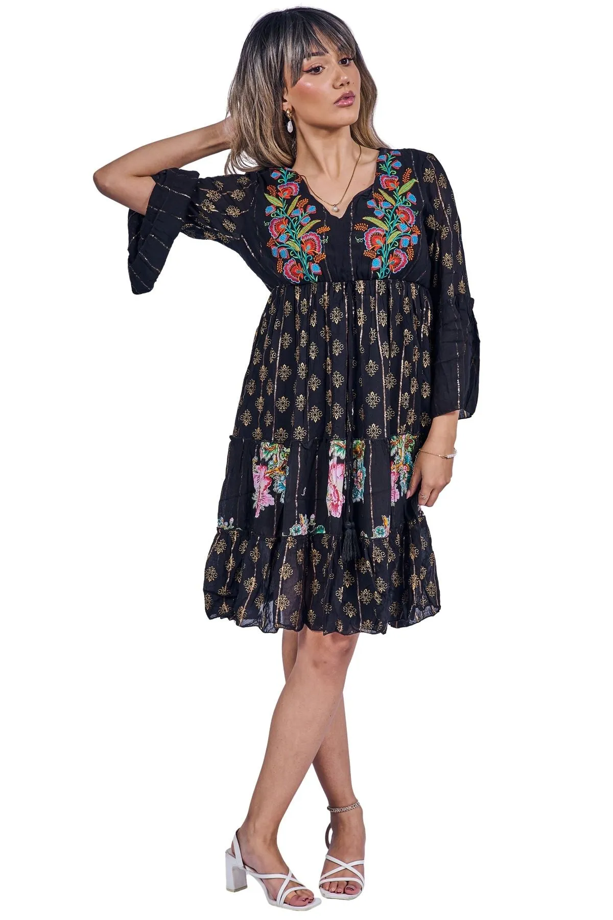 Floral Abstract Print Embroidered Detailing Dress