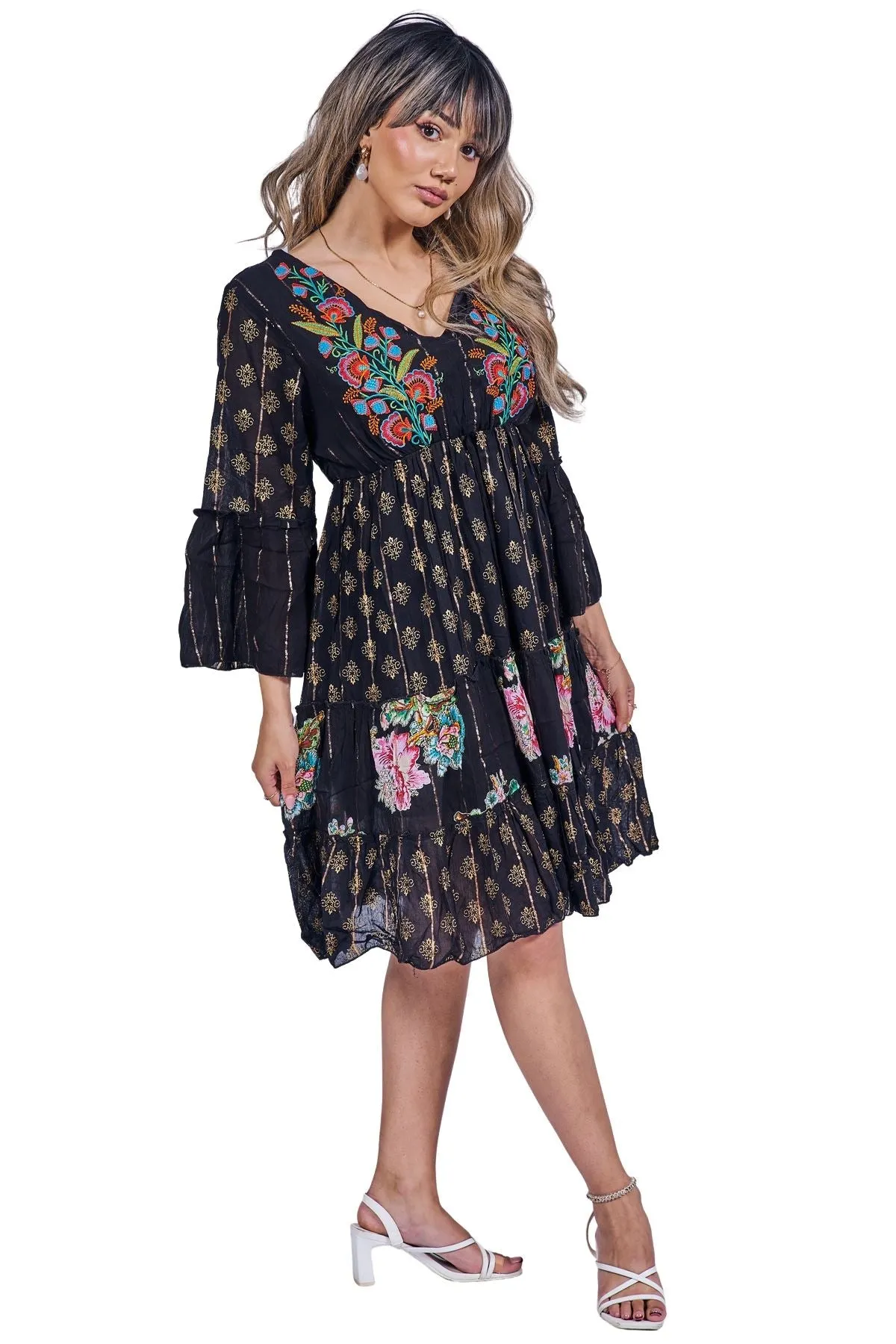 Floral Abstract Print Embroidered Detailing Dress