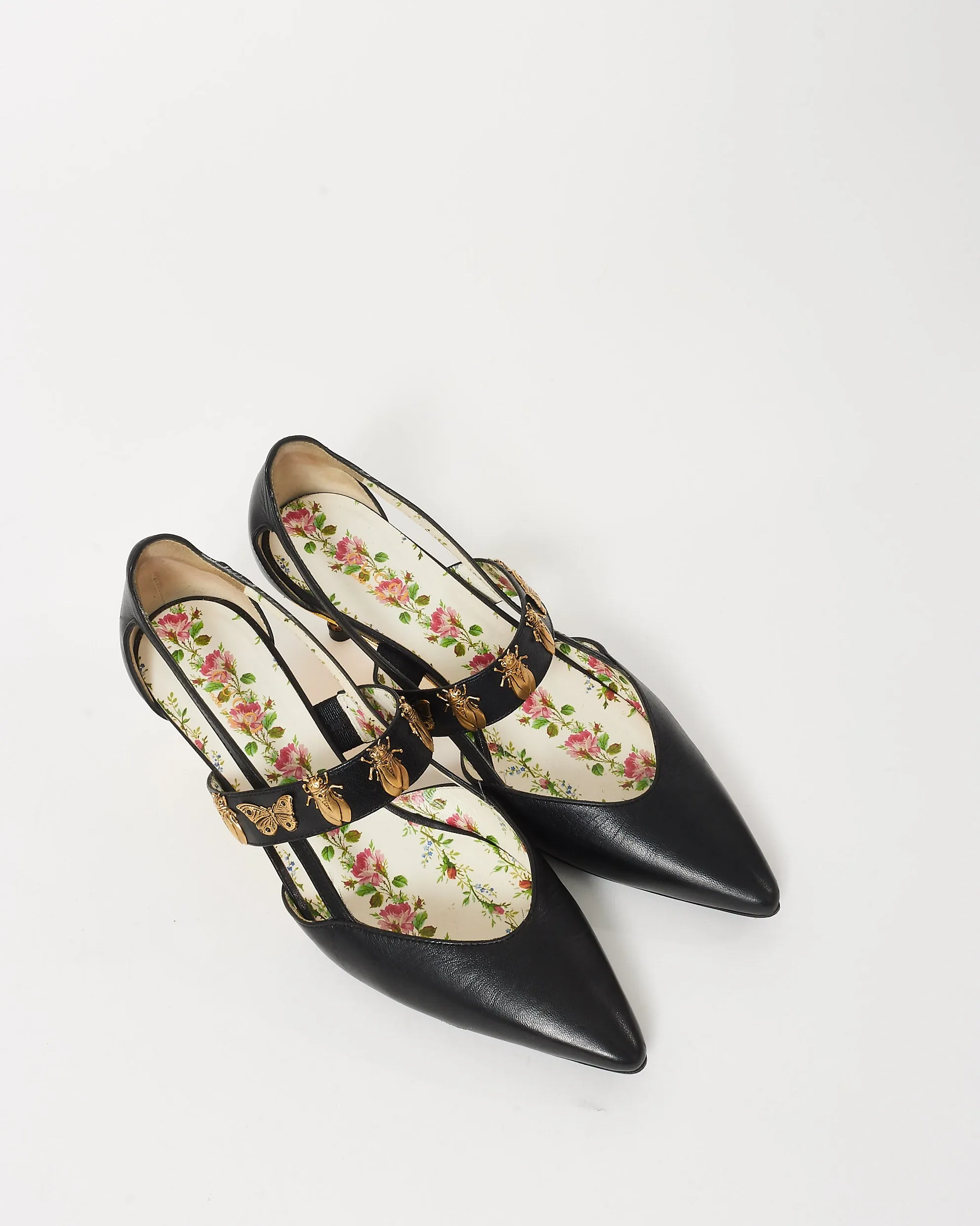 Gucci Black Leather Bee & Butterfly Embellished Bamboo Heel Slingback Pumps - 37