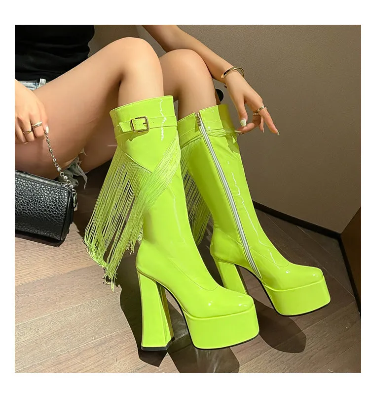 Lacquered Square-Toe Fringe Over-the-Knee Belt Buckle High Heels Boots