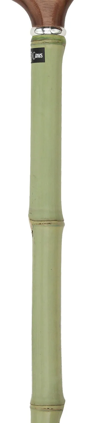 Scratch and Dent Walnut Stained Beechwood Derby Walking Cane With Green Bamboo Shaft and Silver Collar V2248