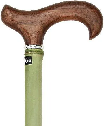 Scratch and Dent Walnut Stained Beechwood Derby Walking Cane With Green Bamboo Shaft and Silver Collar V2248