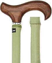Scratch and Dent Walnut Stained Beechwood Derby Walking Cane With Green Bamboo Shaft and Silver Collar V2248