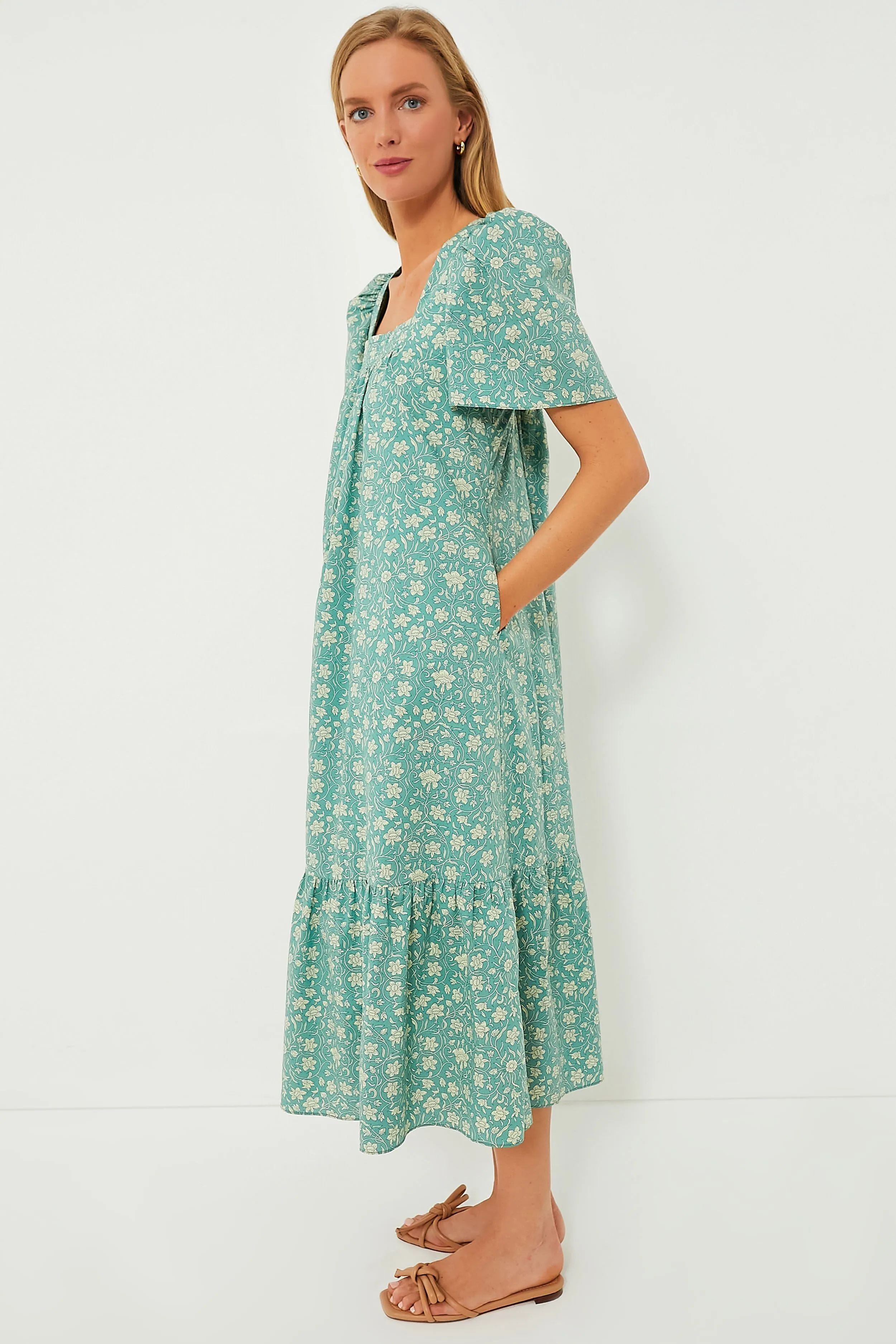 Sea Green Floral Square Neck Gracie Midi Dress
