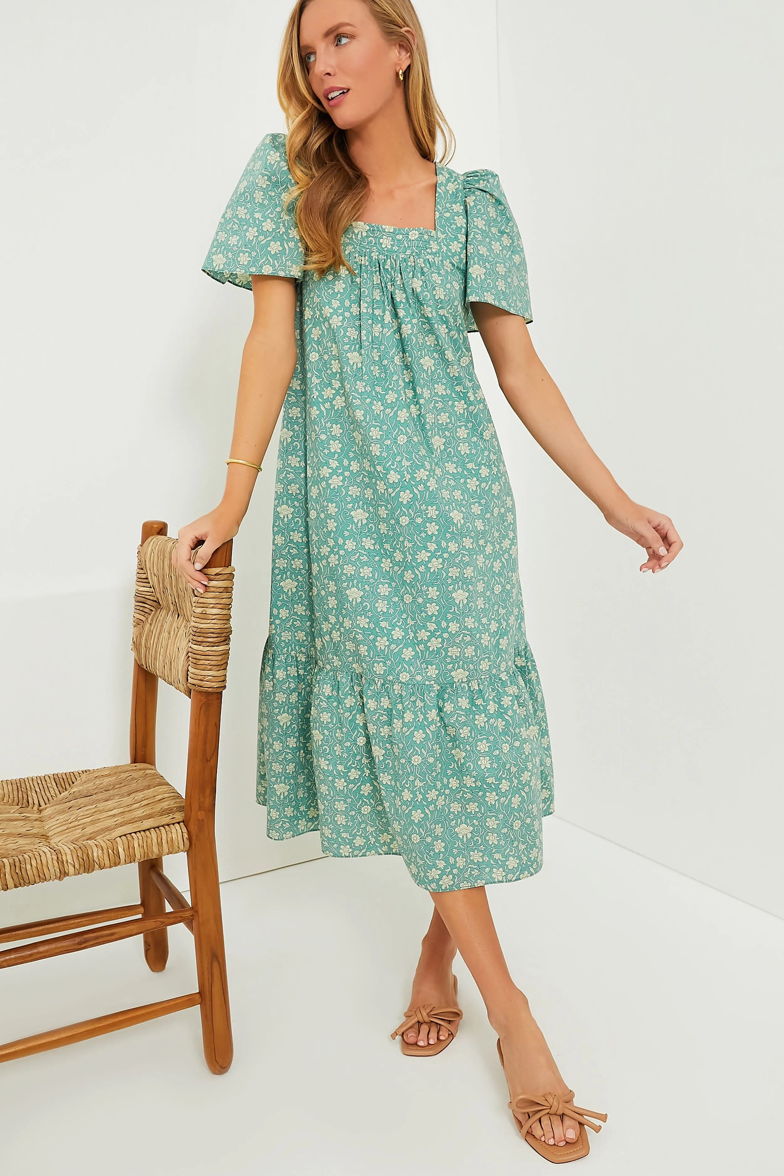 Sea Green Floral Square Neck Gracie Midi Dress