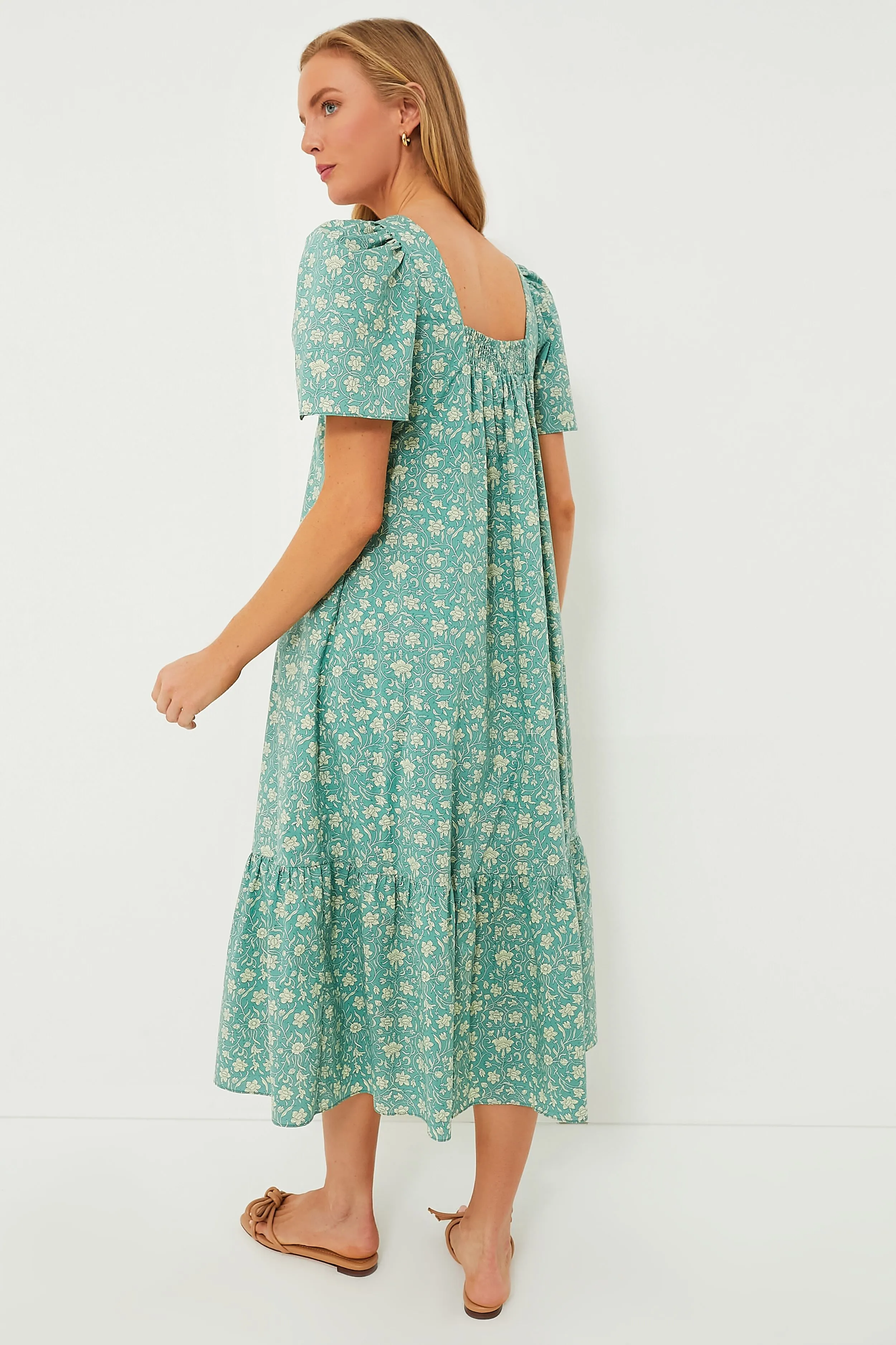 Sea Green Floral Square Neck Gracie Midi Dress