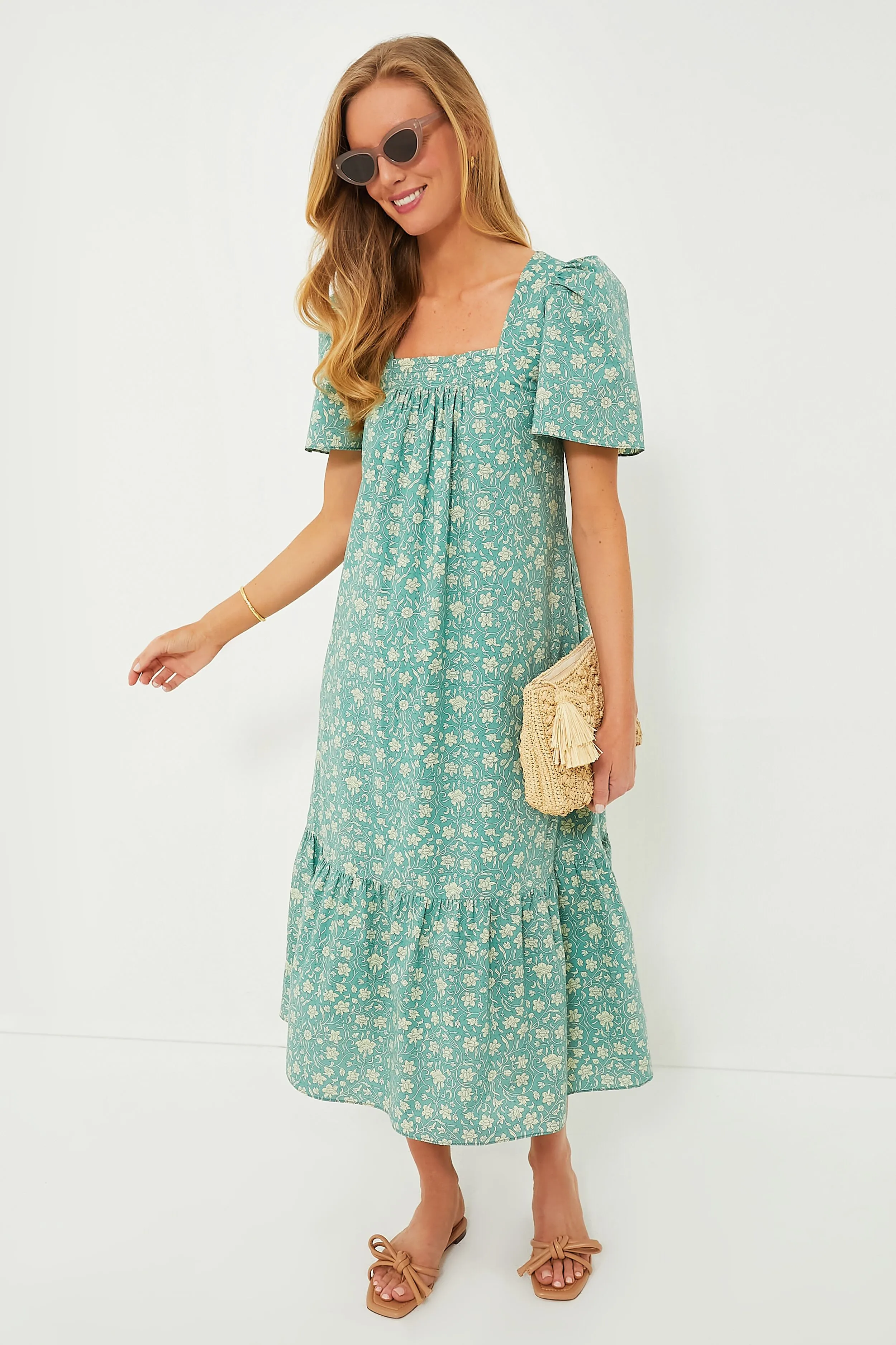 Sea Green Floral Square Neck Gracie Midi Dress