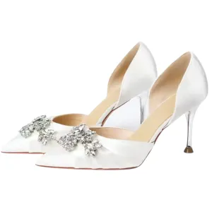 Shallow Pointed Toe Rhinestone Slip-On Stiletto Wedding Shoes - High Heel Solid Silk Pumps