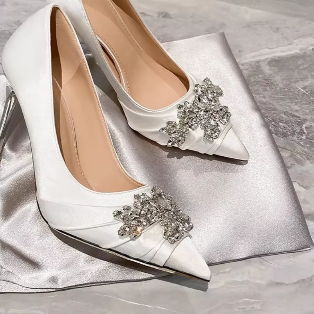 Shallow Pointed Toe Rhinestone Slip-On Stiletto Wedding Shoes - High Heel Solid Silk Pumps
