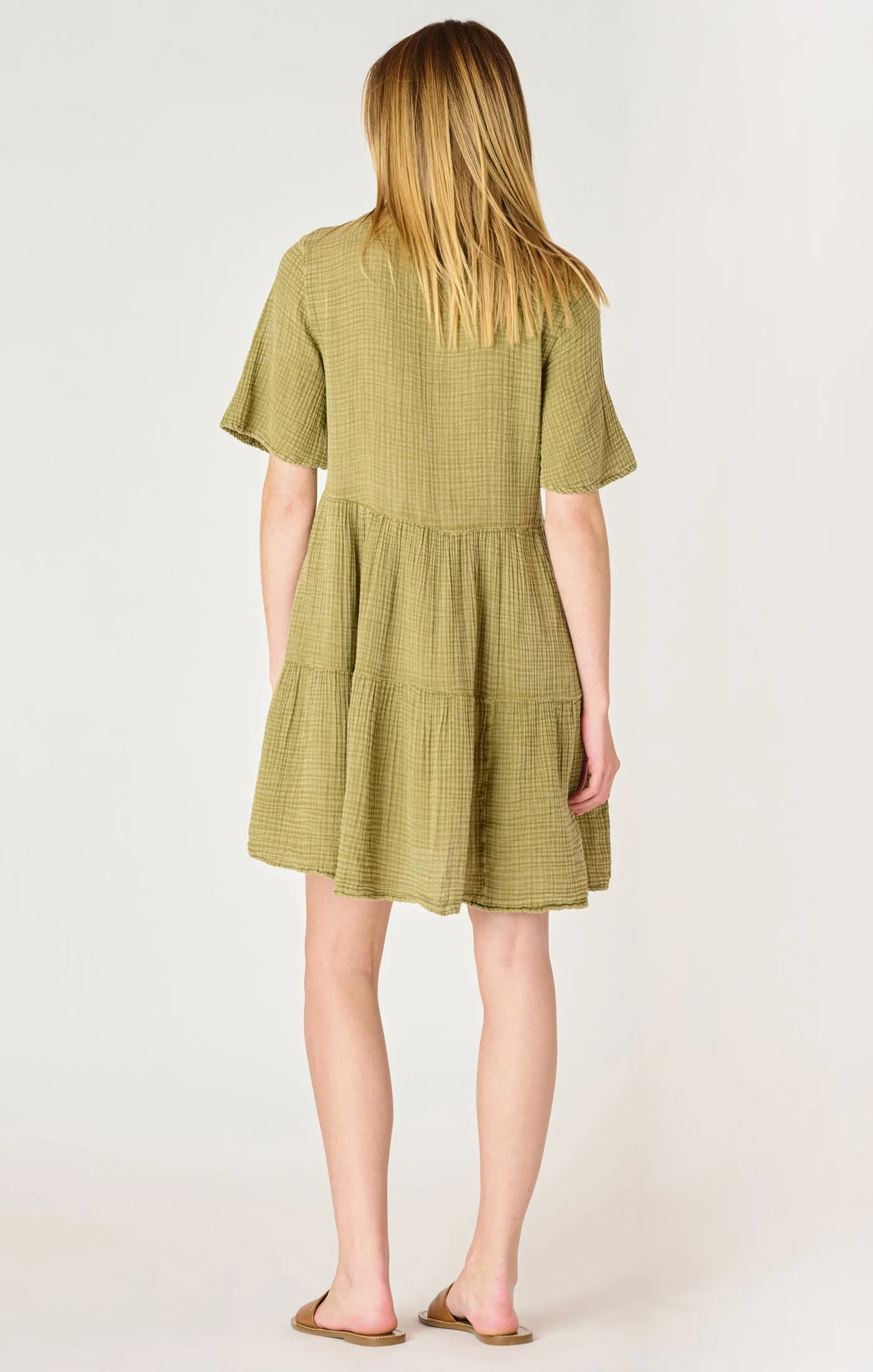 Short Sleeve Flowly Tiered Mini Dress - Washed Sage