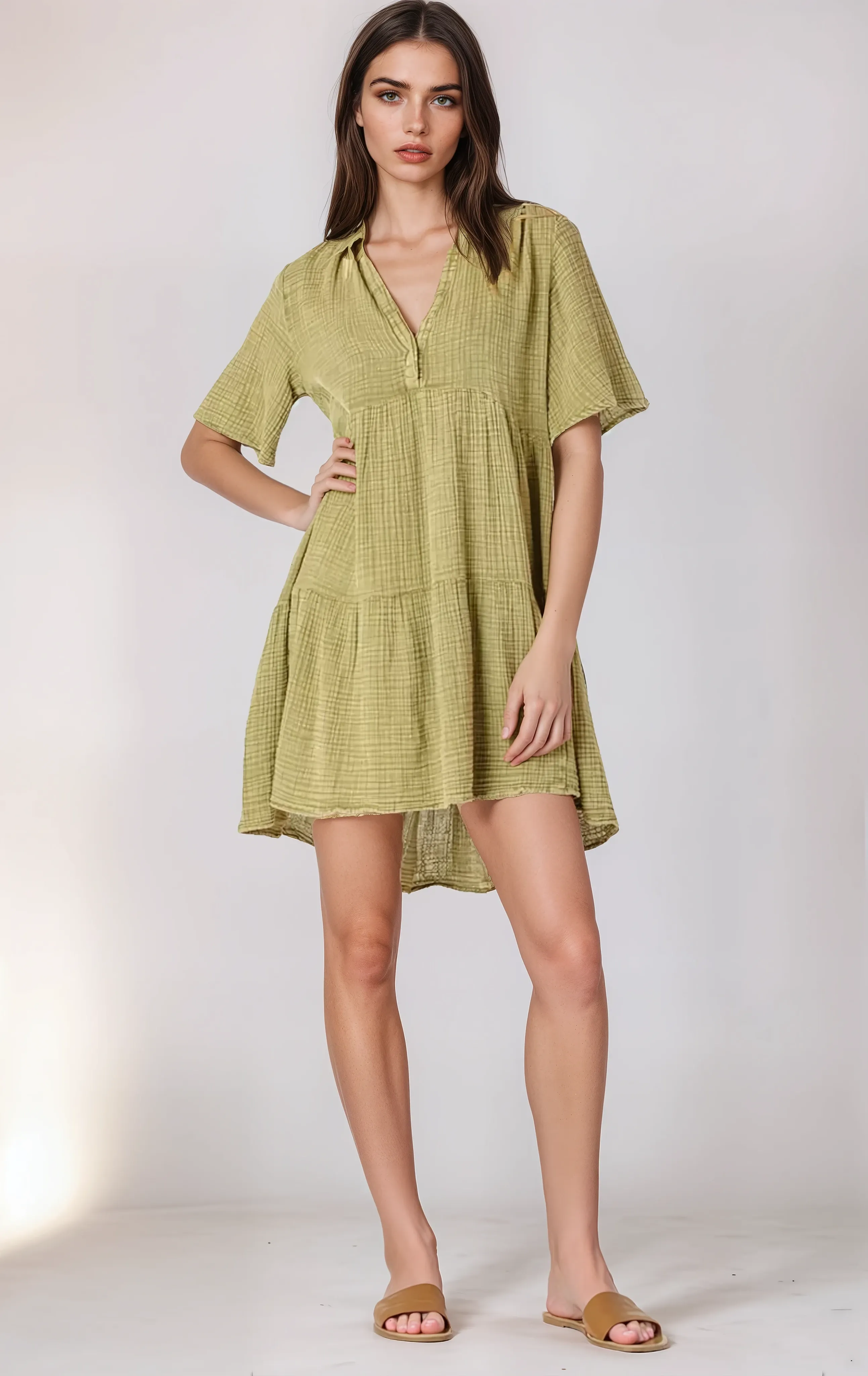 Short Sleeve Flowly Tiered Mini Dress - Washed Sage