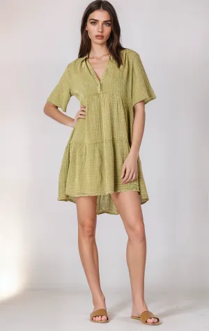Short Sleeve Flowly Tiered Mini Dress - Washed Sage